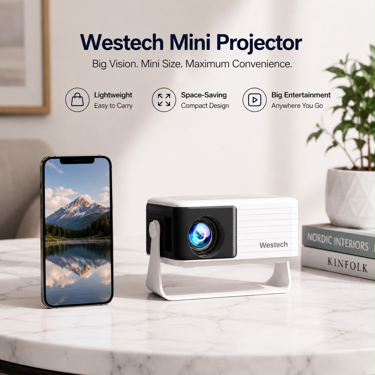 WesTech Mini Portable Projector – 1080P Supported, Auto Keystone, 360° Rotation & Zoom