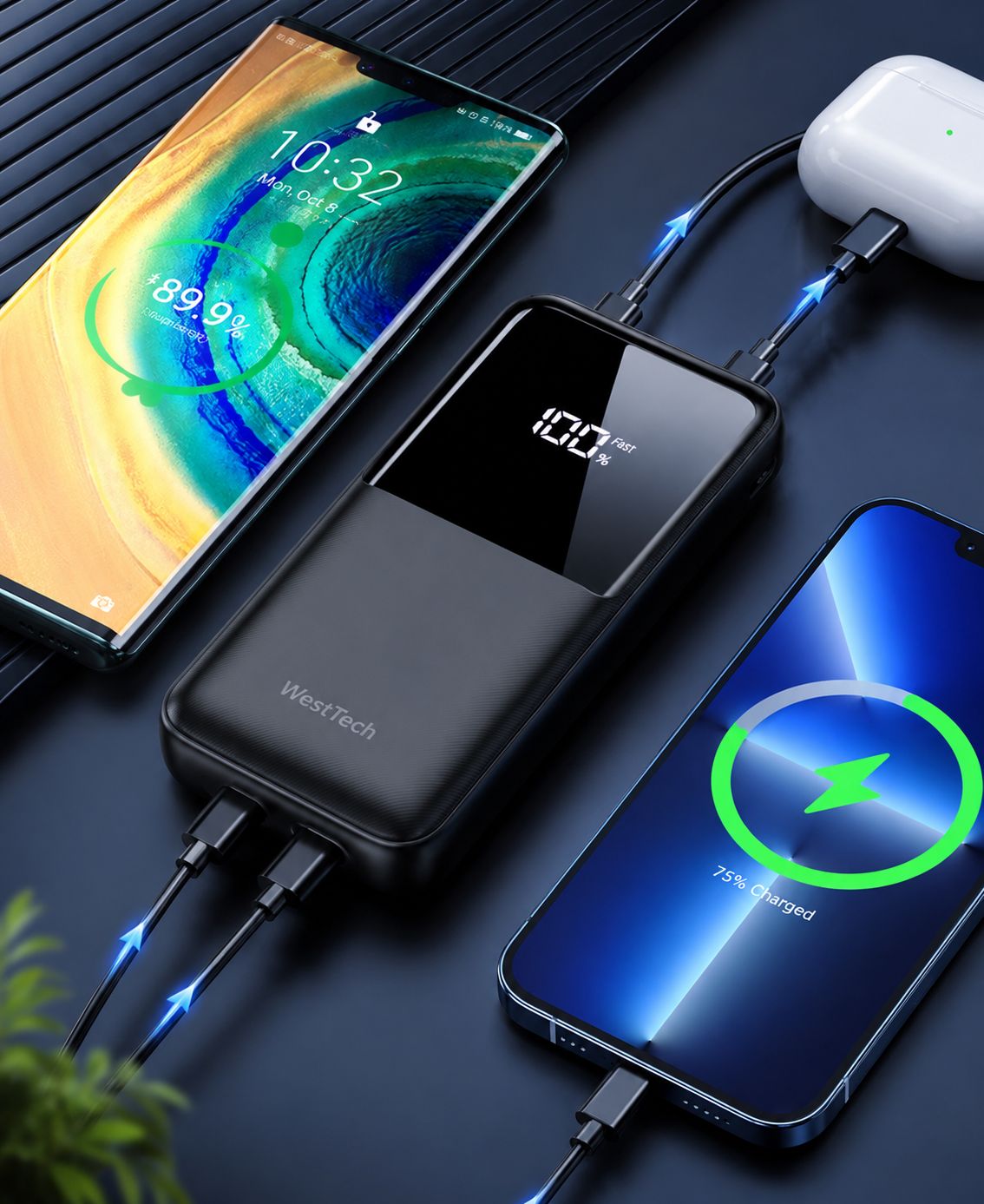 WesTech 22.5W Fast Charging Power Bank 10000mAh – Built-in Cables & LED Display