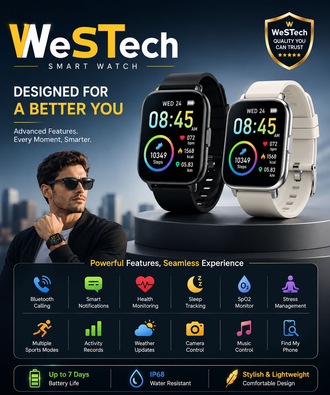 WeSTech FitPro Smart Watch – 1.69” HD Full Touch Screen | Heart Rate Monitor | Sleep Tracking | Sports Modes