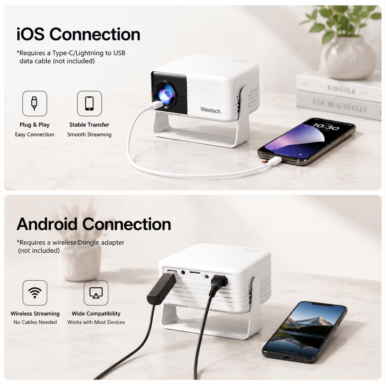 WesTech Mini Portable Projector – 1080P Supported, Auto Keystone, 360° Rotation & Zoom