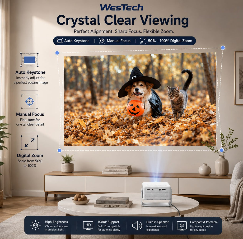 WesTech Mini Portable Projector – 1080P Supported, Auto Keystone, 360° Rotation & Zoom